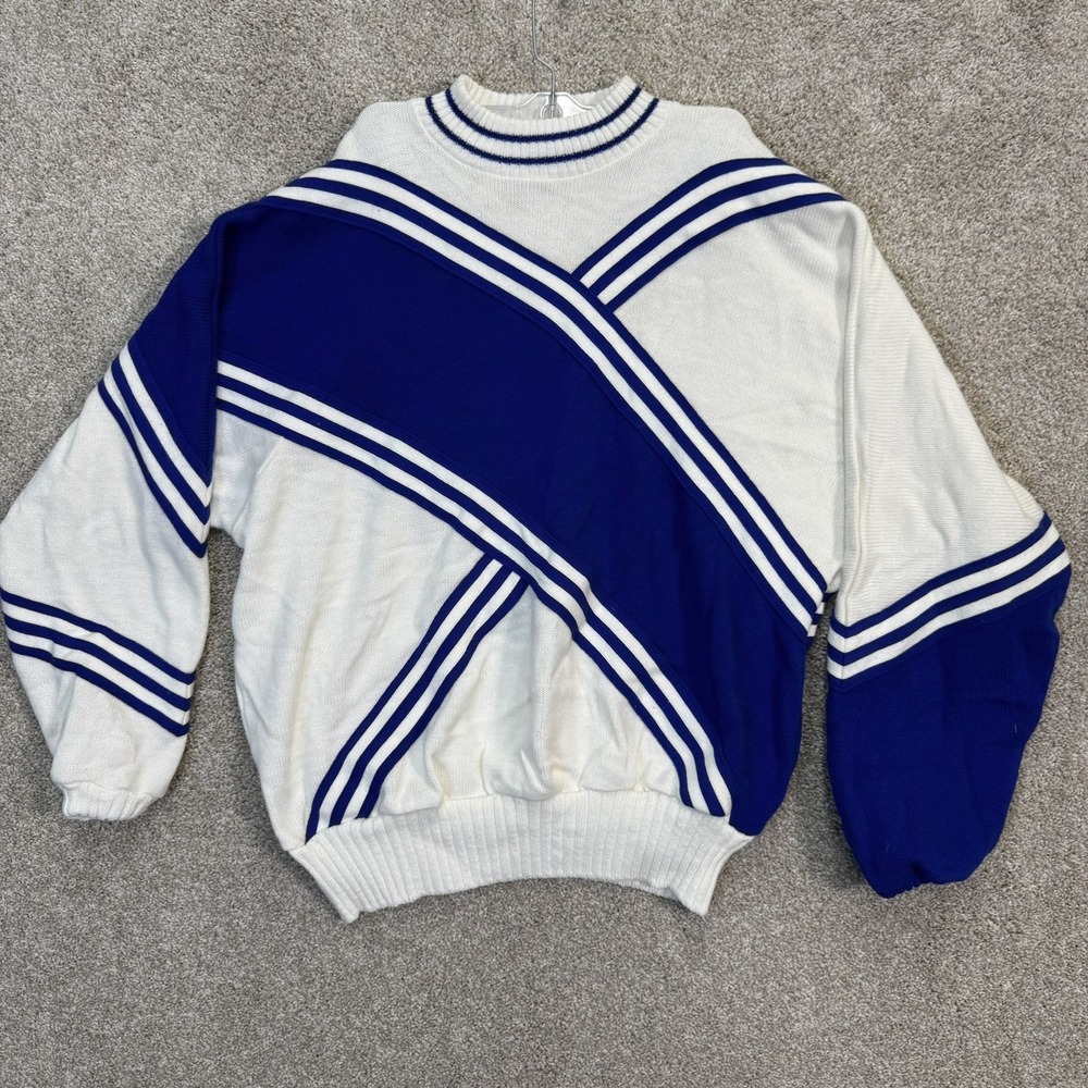 Dehen Sweater Men XL White Blue Vintage Colorblock Striped Pullover USA Made